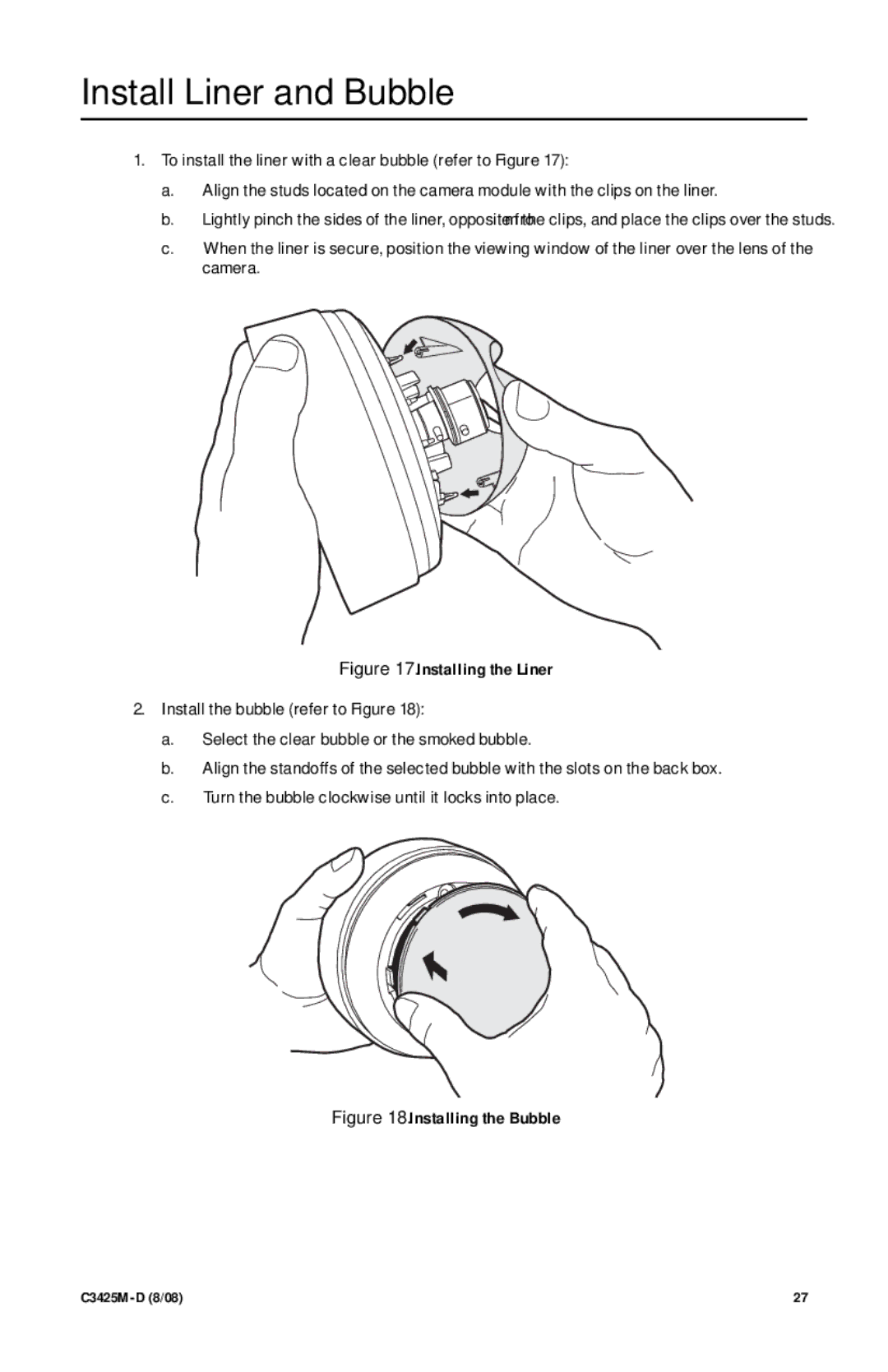 Pelco C3425M-D manual Install Liner and Bubble, Installing the Bubble 