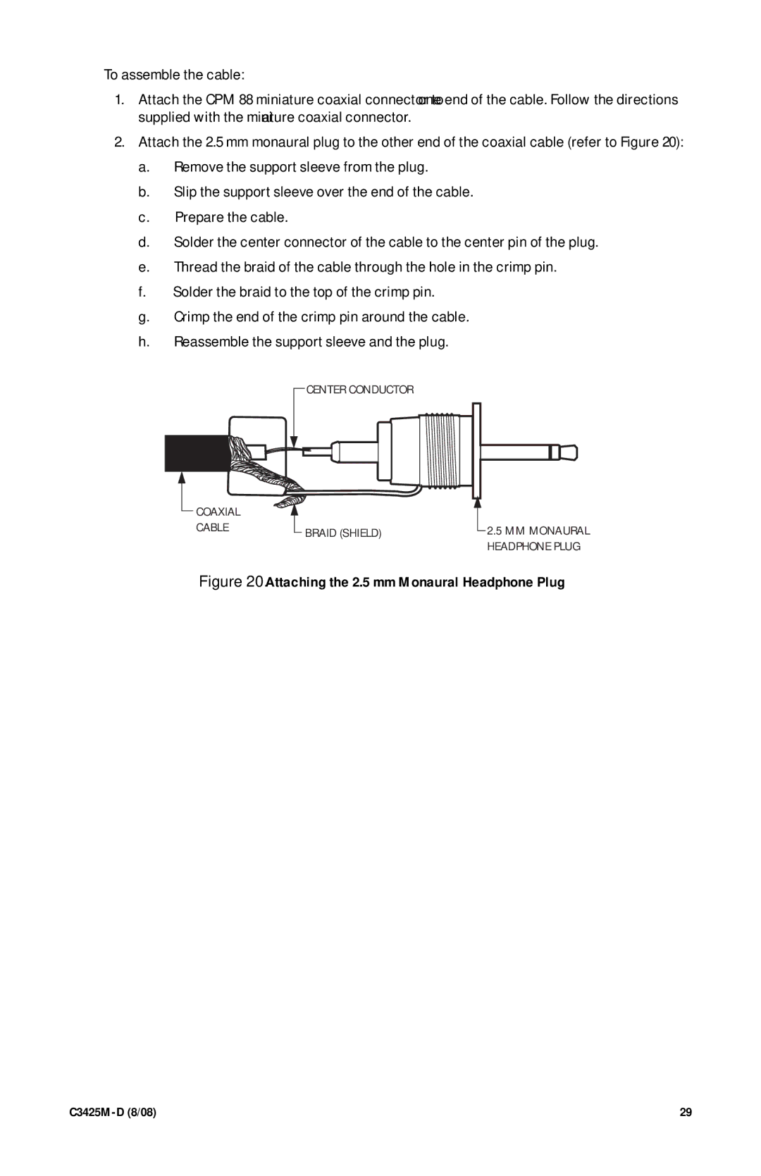 Pelco C3425M-D manual Attaching the 2.5 mm Monaural Headphone Plug 