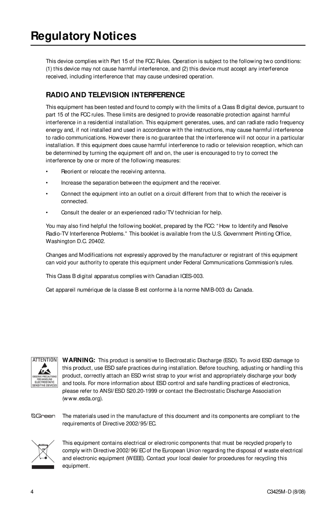 Pelco C3425M-D manual Regulatory Notices, Radio and Television Interference 