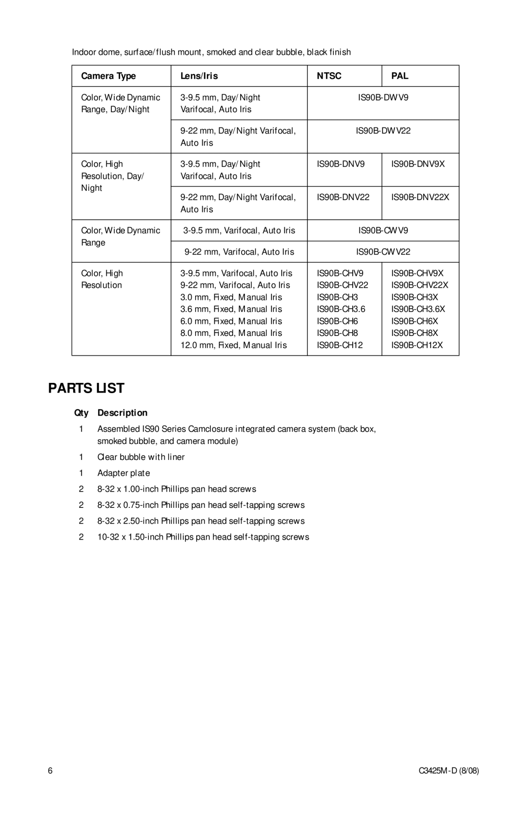 Pelco C3425M-D manual Parts List, IS90B-DNV9 IS90B-DNV9X 