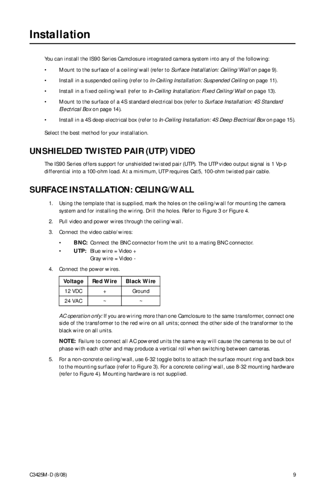 Pelco C3425M-D manual Unshielded Twisted Pair UTP Video, Surface Installation CEILING/WALL 