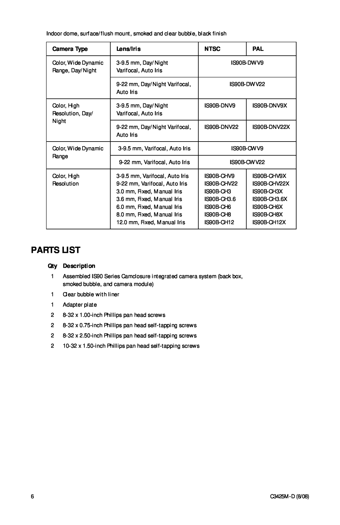 Pelco C3425M-D manual Parts List, Qty Description, Camera Type, Lens/Iris, Ntsc 