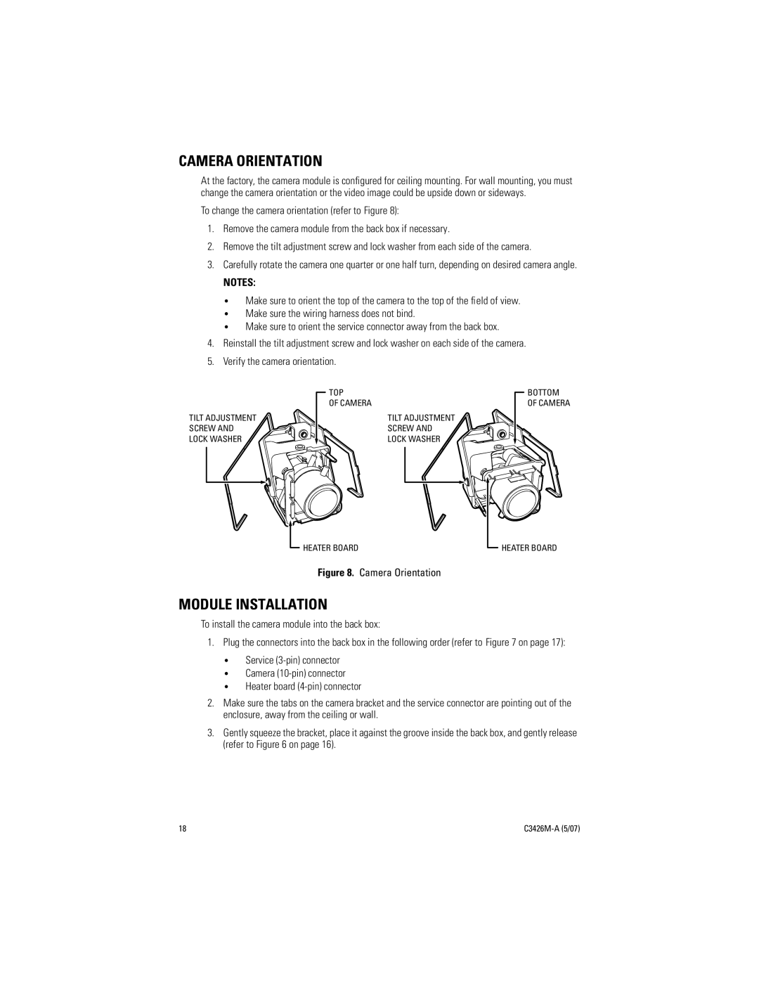 Pelco C3426M-A (5/07) manual Camera Orientation, Module Installation 