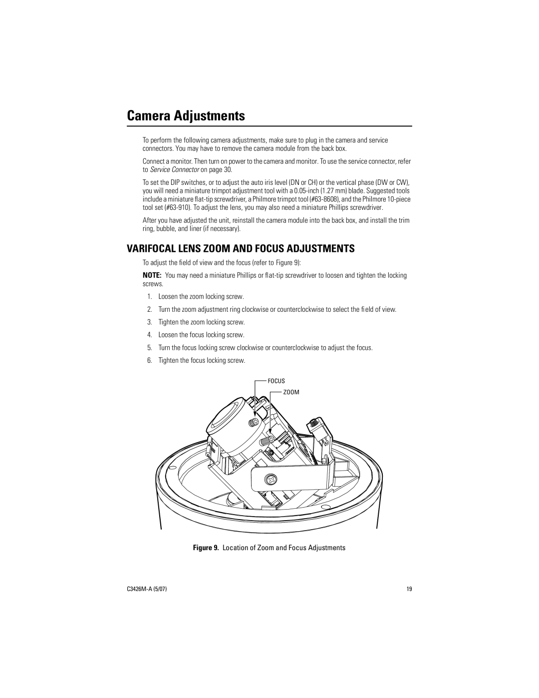 Pelco C3426M-A (5/07) manual Camera Adjustments, Varifocal Lens Zoom and Focus Adjustments 