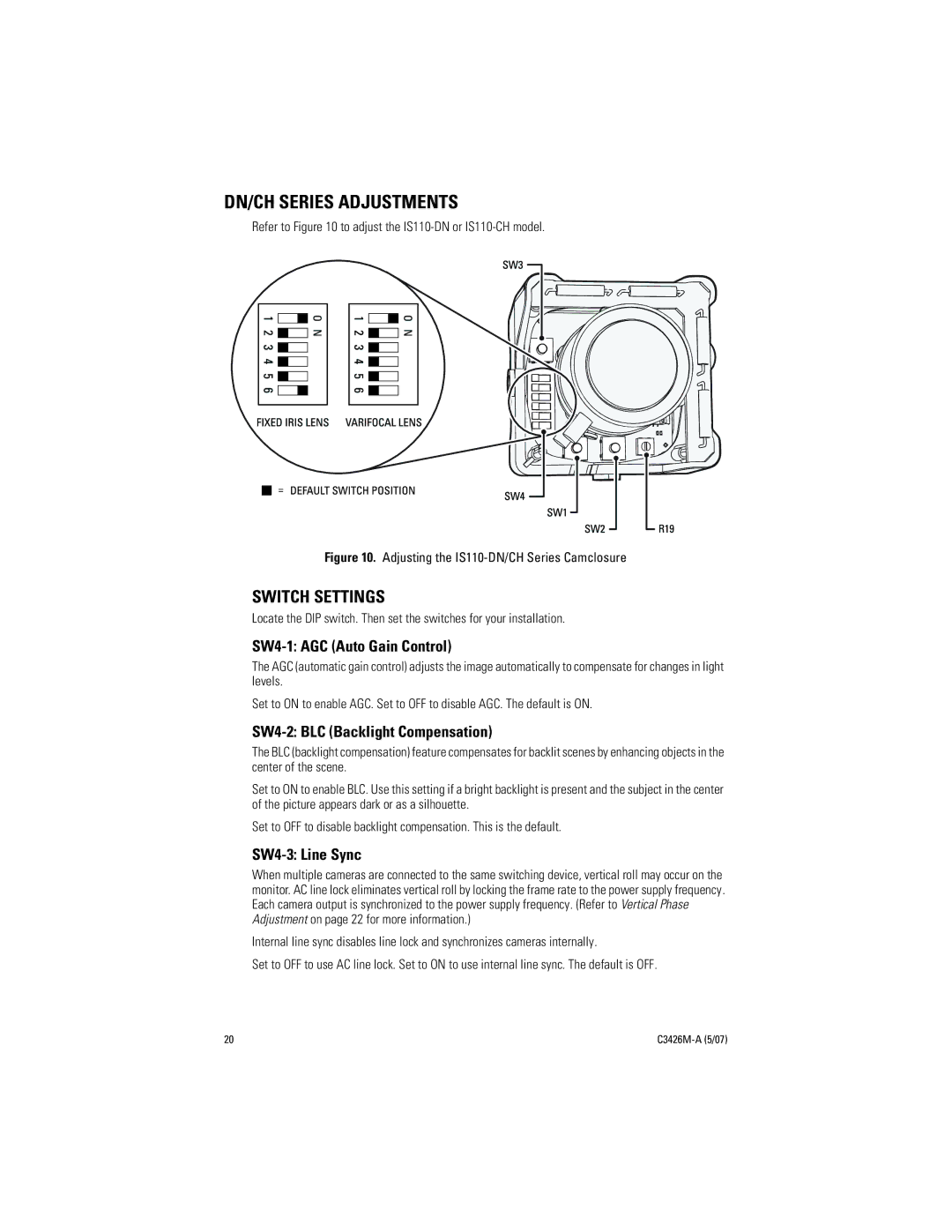 Pelco C3426M-A (5/07) manual DN/CH Series Adjustments, Switch Settings 