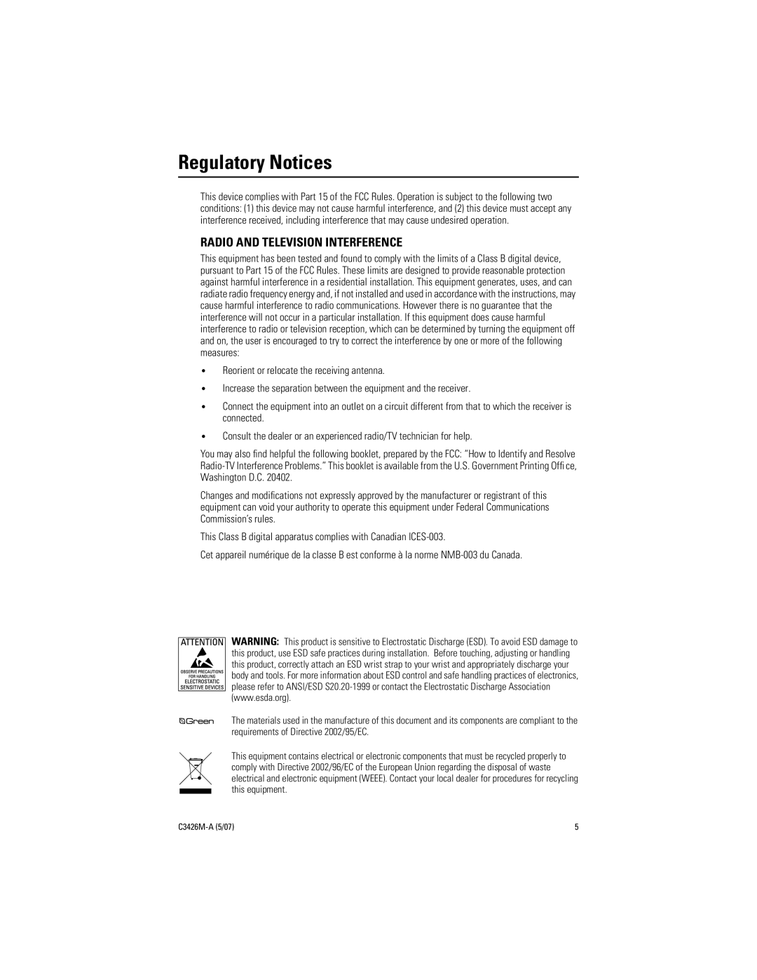 Pelco C3426M-A (5/07) manual Regulatory Notices, Radio and Television Interference 