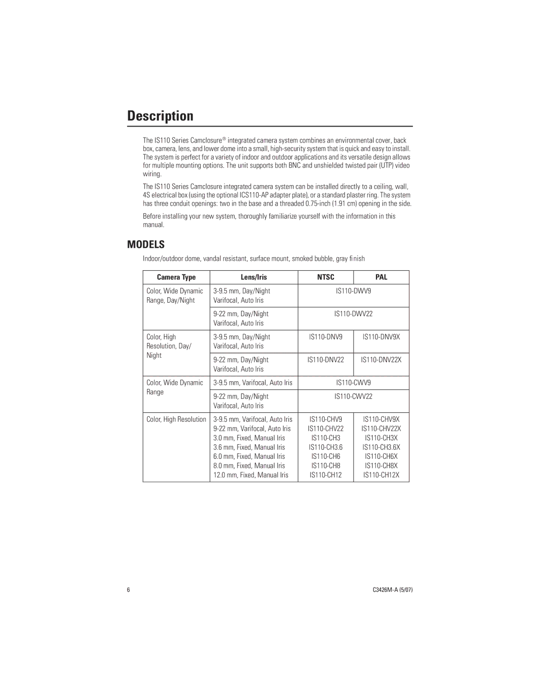 Pelco C3426M-A (5/07) manual Description, Models 