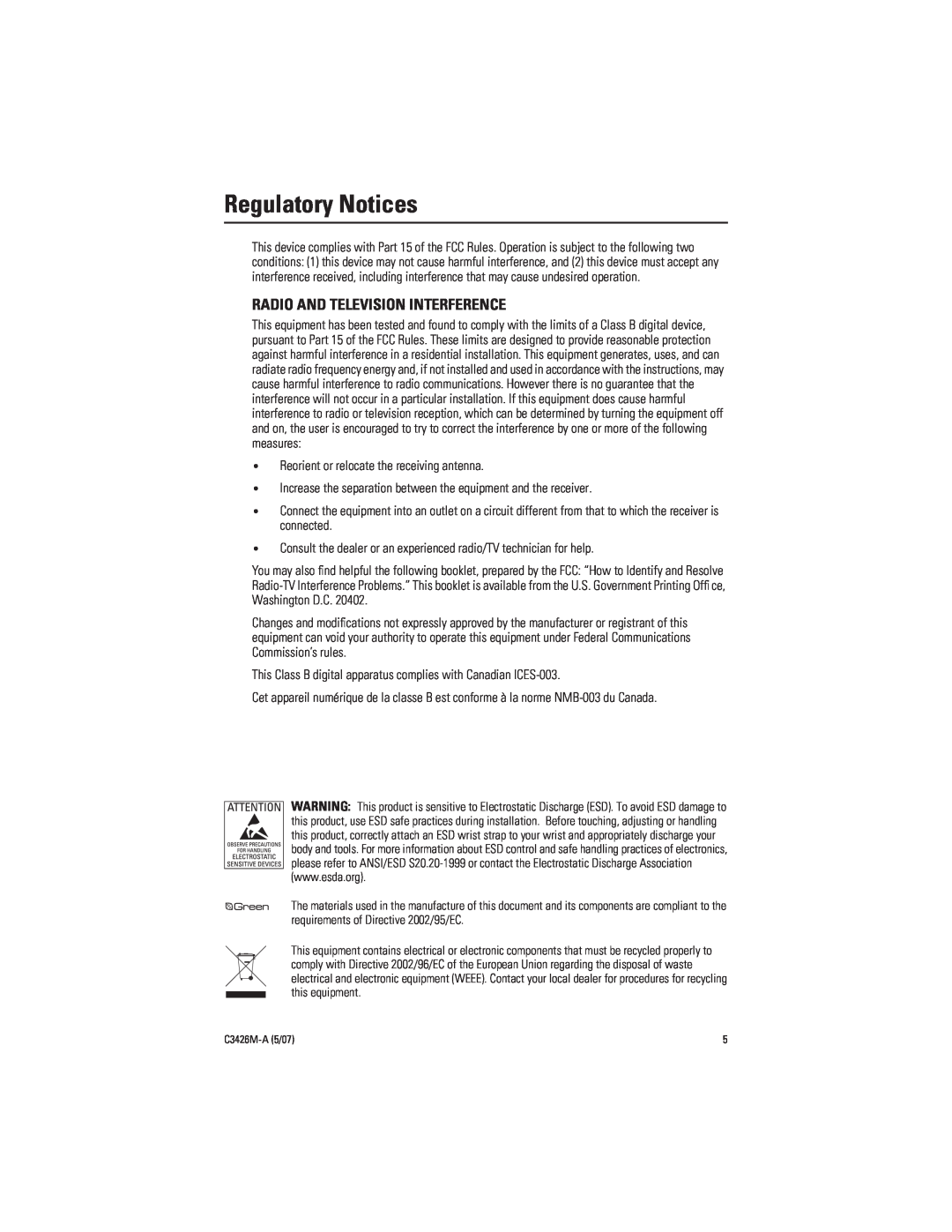 Pelco C3426M-A (5/07) manual Regulatory Notices, Radio And Television Interference 