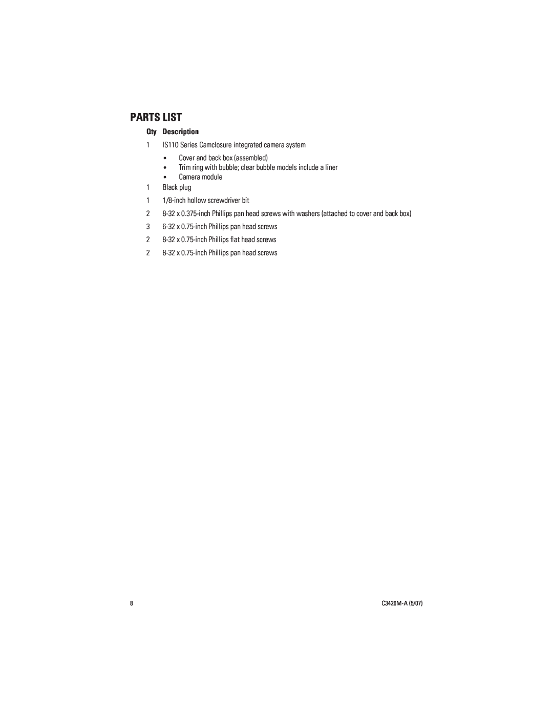 Pelco C3426M-A (5/07) manual Parts List, Qty Description 