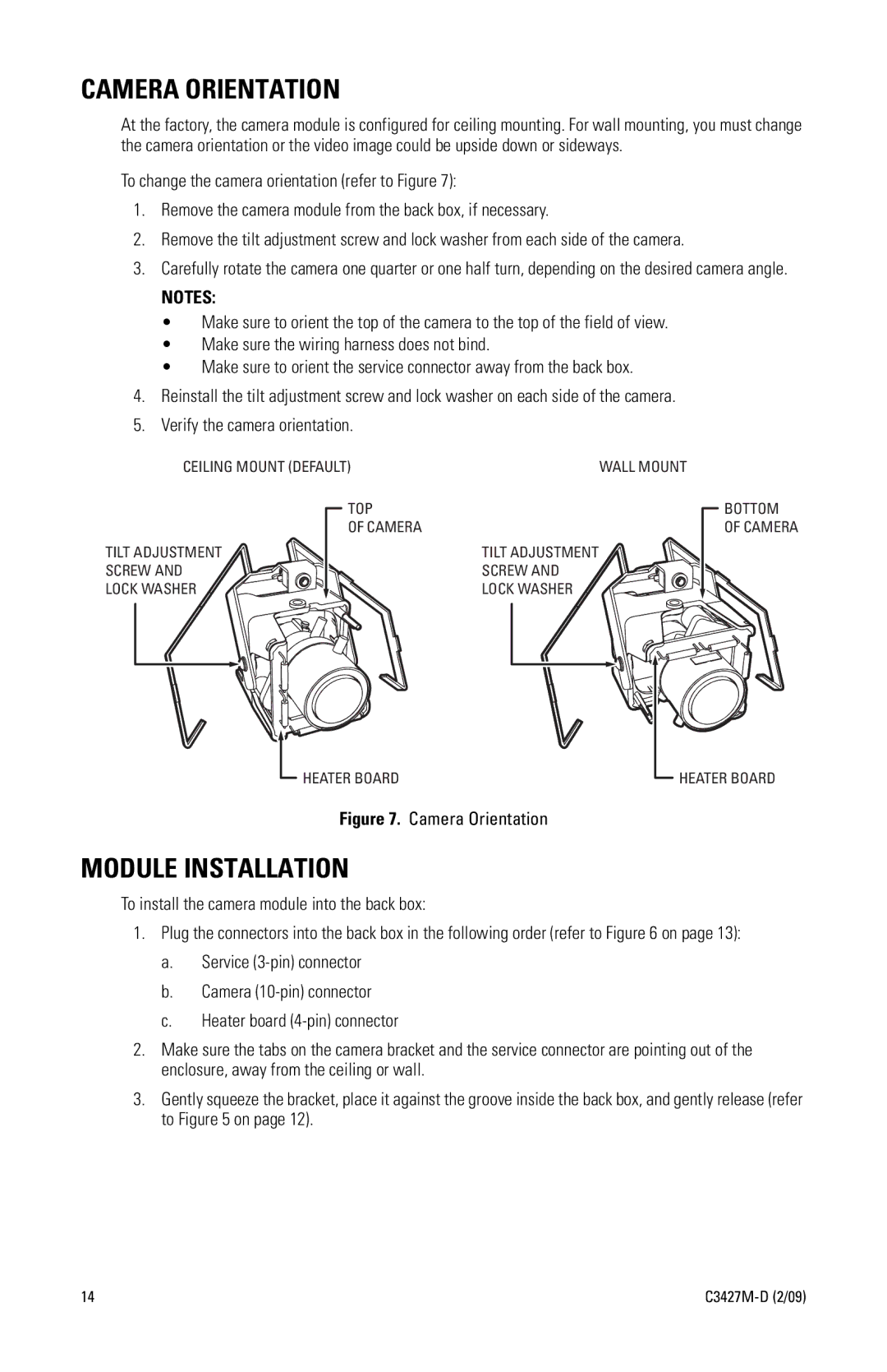 Pelco C3427M-D (2/09) manual Camera Orientation, Module Installation 