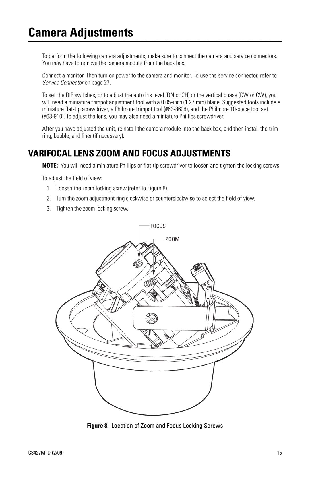 Pelco C3427M-D (2/09) manual Camera Adjustments, Varifocal Lens Zoom and Focus Adjustments 