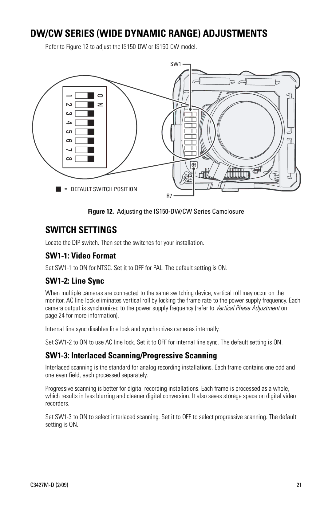 Pelco C3427M-D (2/09) manual DW/CW Series Wide Dynamic Range Adjustments, SW1-2 Line Sync 