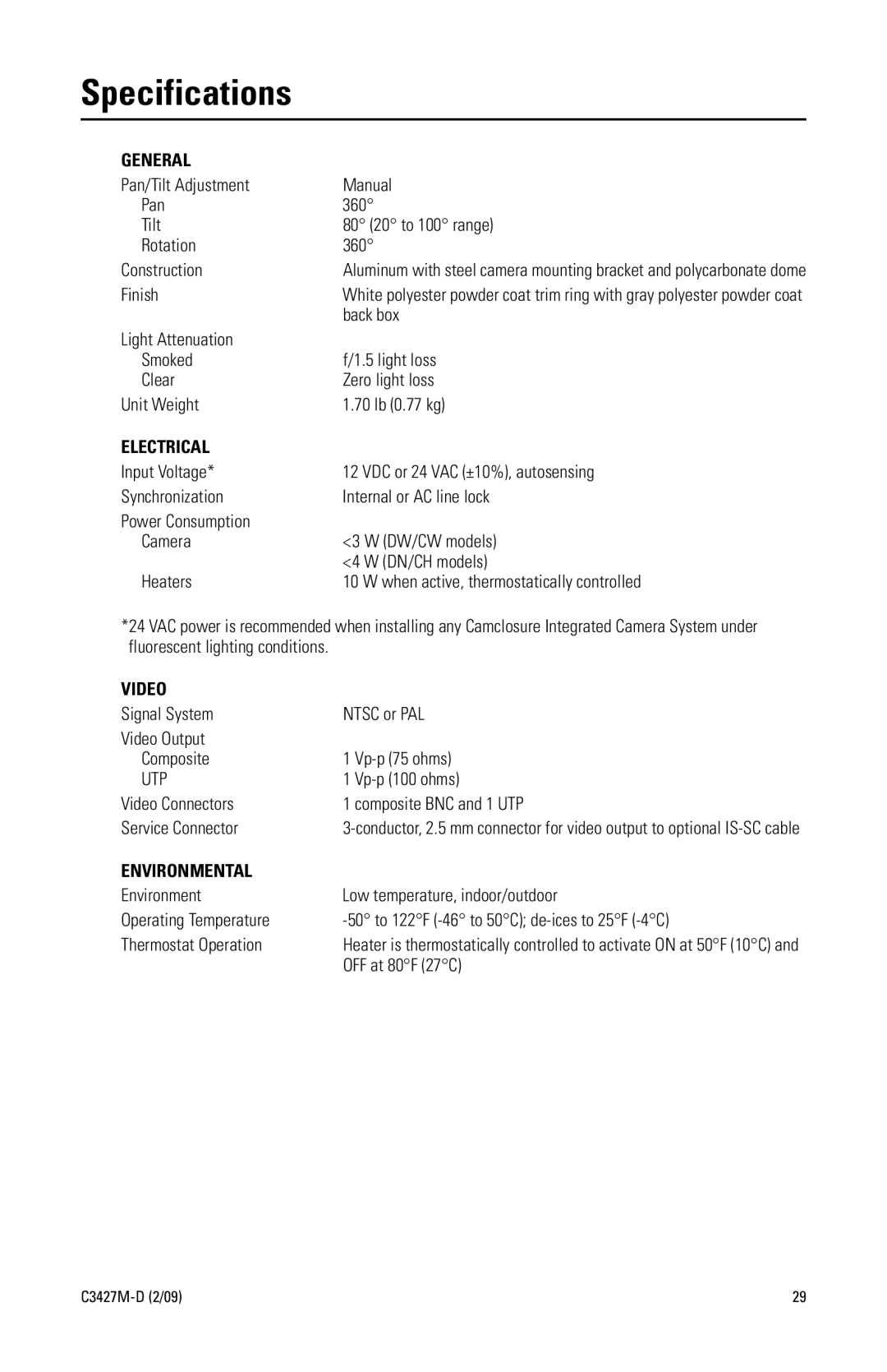 Pelco C3427M-D (2/09) manual Specifications, General 