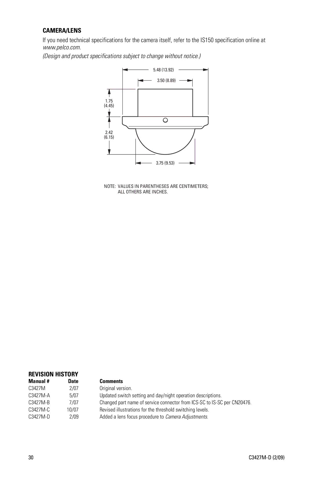 Pelco C3427M-D (2/09) manual Camera/Lens 