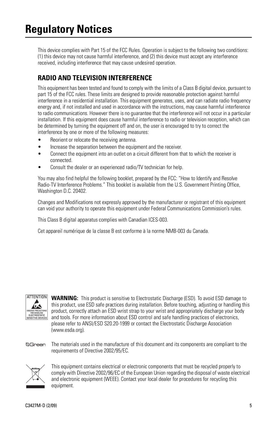 Pelco C3427M-D (2/09) manual Regulatory Notices, Radio and Television Interference 