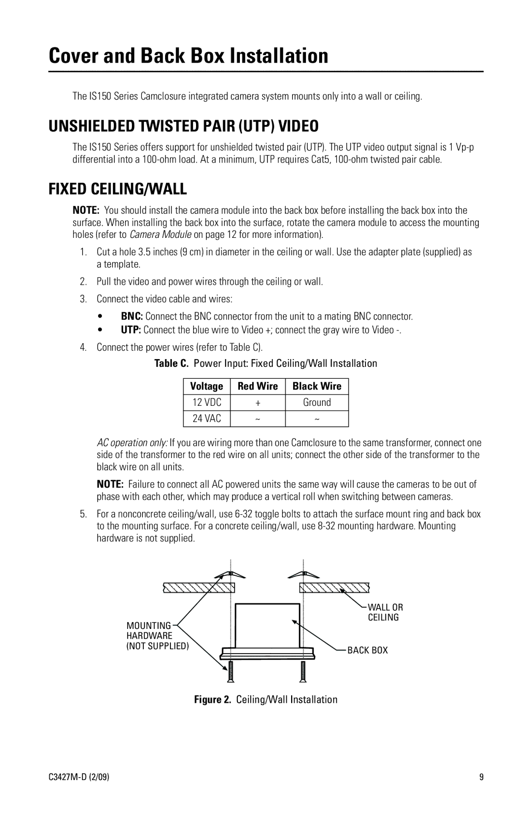 Pelco C3427M-D (2/09) manual Cover and Back Box Installation, Unshielded Twisted Pair UTP Video, Fixed CEILING/WALL 