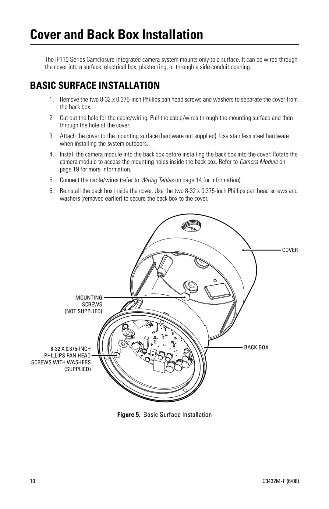 Pelco C3432M-F manual Cover and Back Box Installation, Basic Surface Installation 