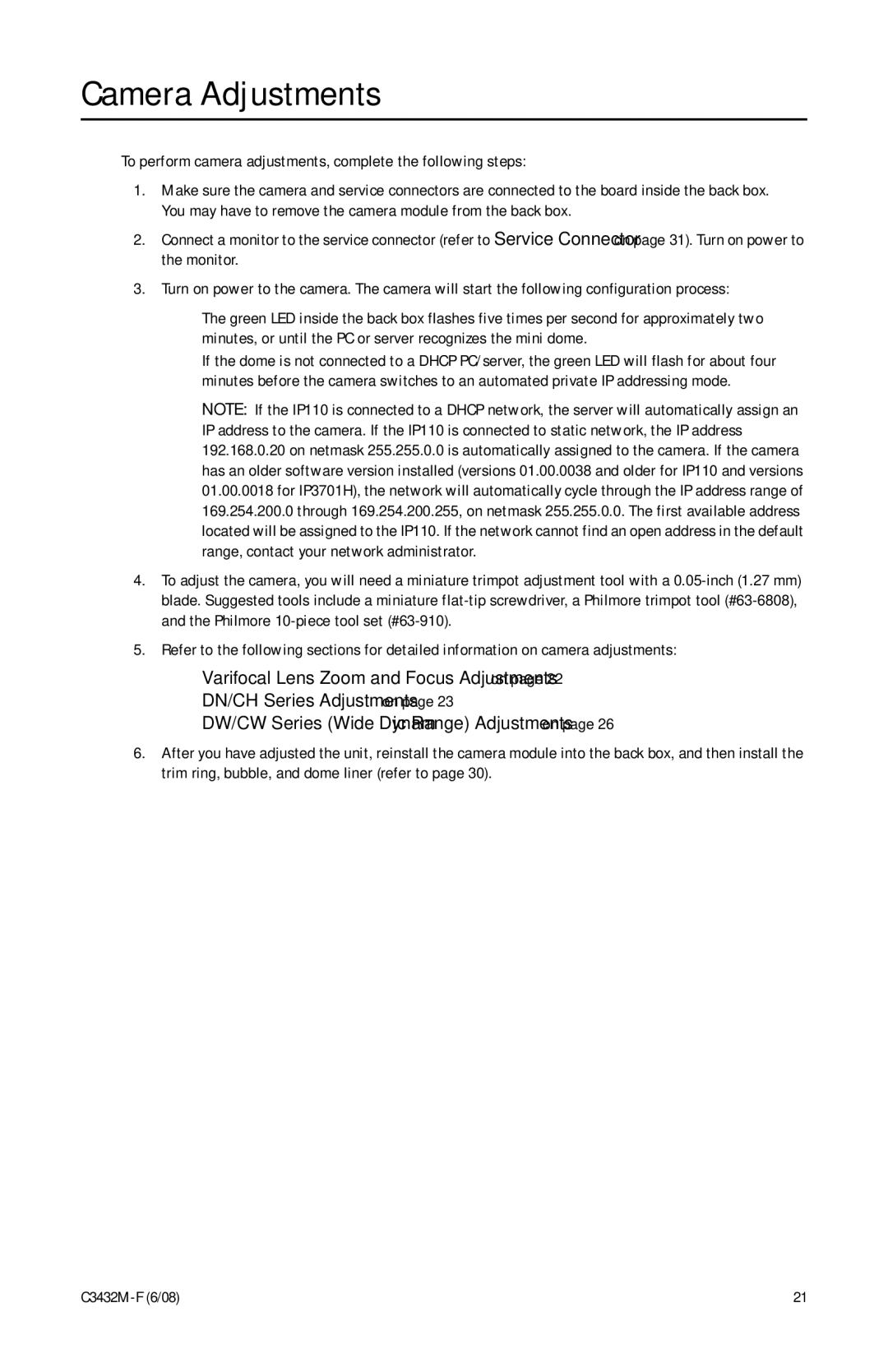 Pelco C3432M-F manual Camera Adjustments, To perform camera adjustments, complete the following steps 