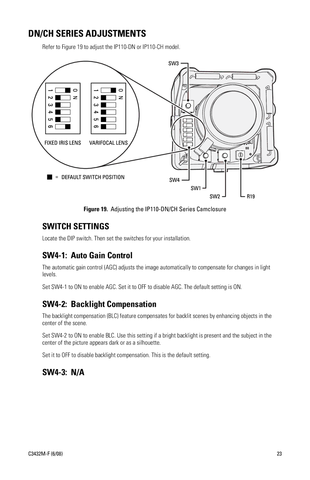 Pelco C3432M-F manual DN/CH Series Adjustments, SW4-1 Auto Gain Control, SW4-2 Backlight Compensation, SW4-3 N/A 