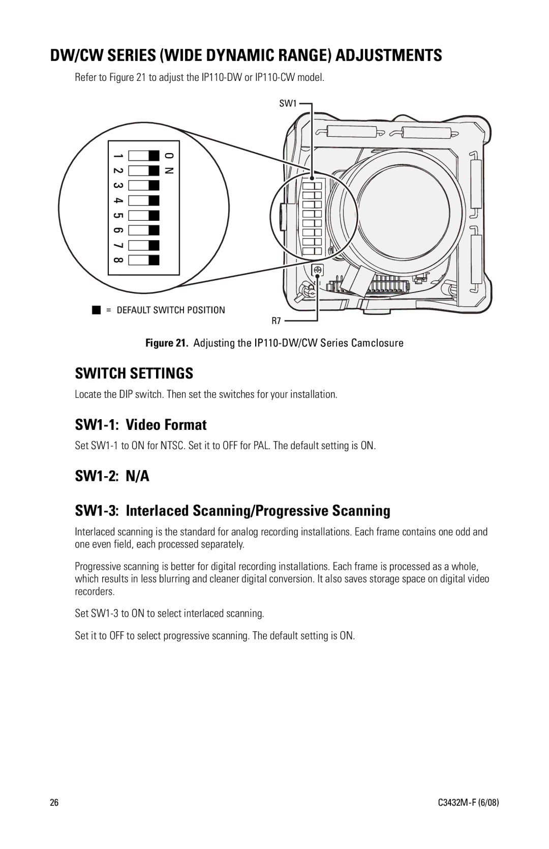 Pelco C3432M-F manual DW/CW Series Wide Dynamic Range Adjustments, SW1-1 Video Format 