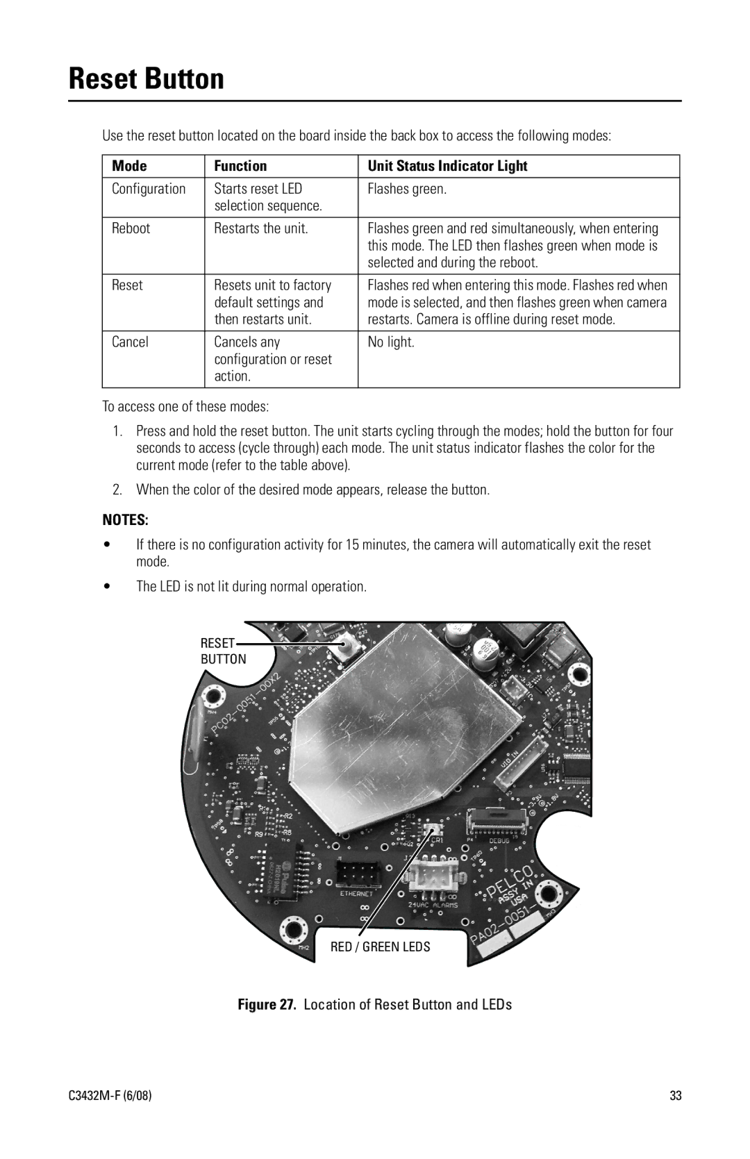 Pelco C3432M-F manual Reset Button, Selected and during the reboot, Default settings, Action To access one of these modes 