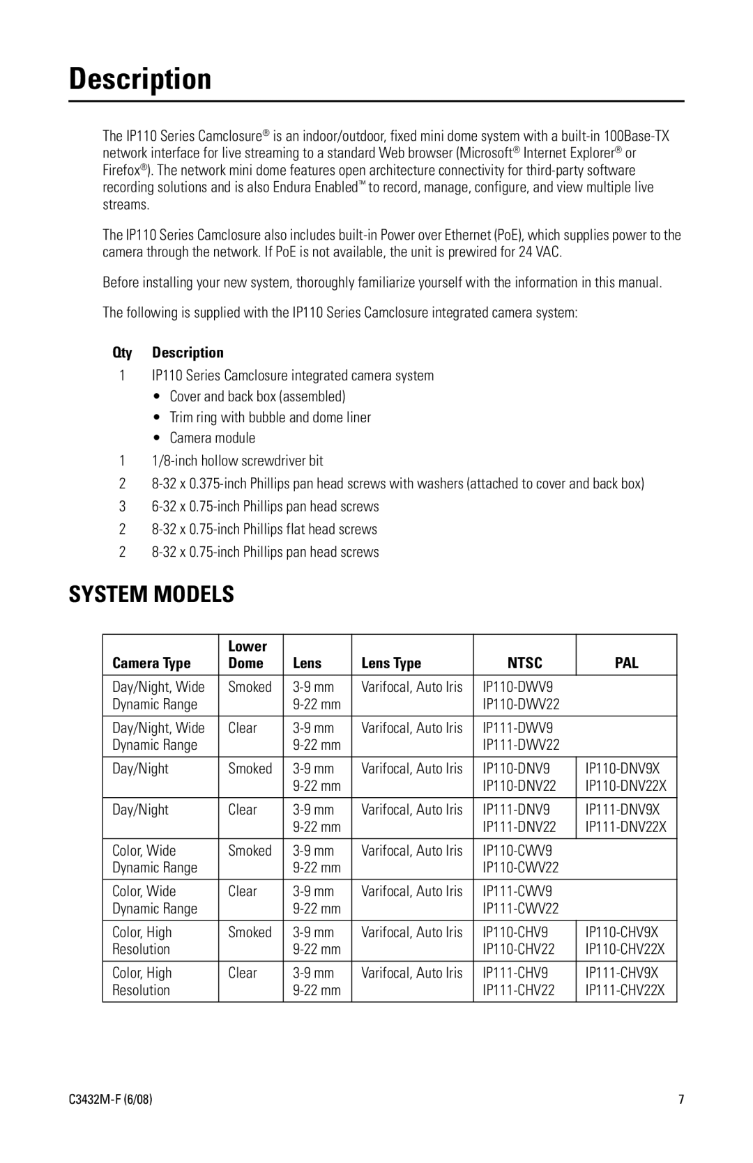 Pelco C3432M-F manual Description, System Models 