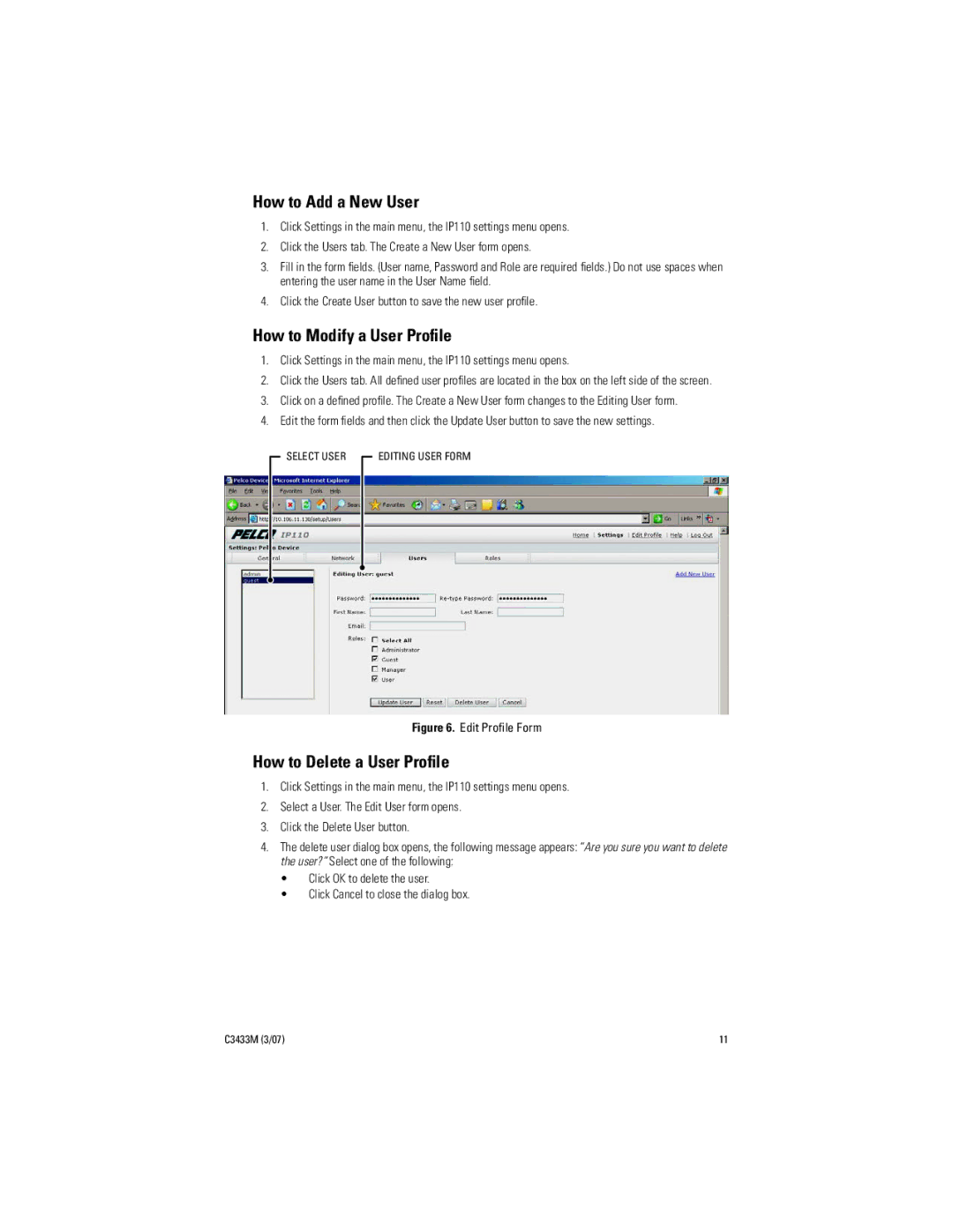 Pelco C3433M (3/07) manual How to Add a New User, How to Modify a User Proﬁle, How to Delete a User Proﬁle 