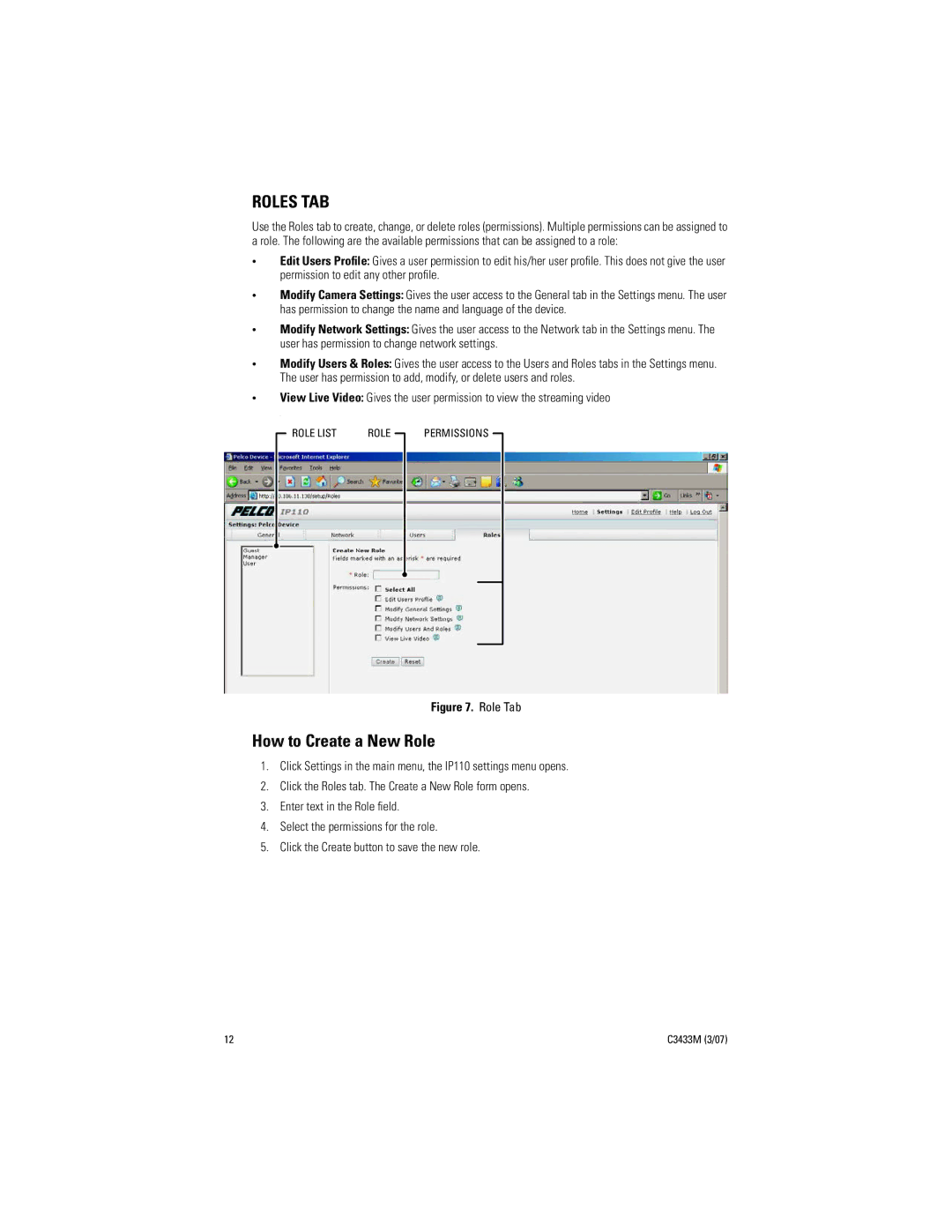 Pelco C3433M (3/07) manual Roles TAB, How to Create a New Role 