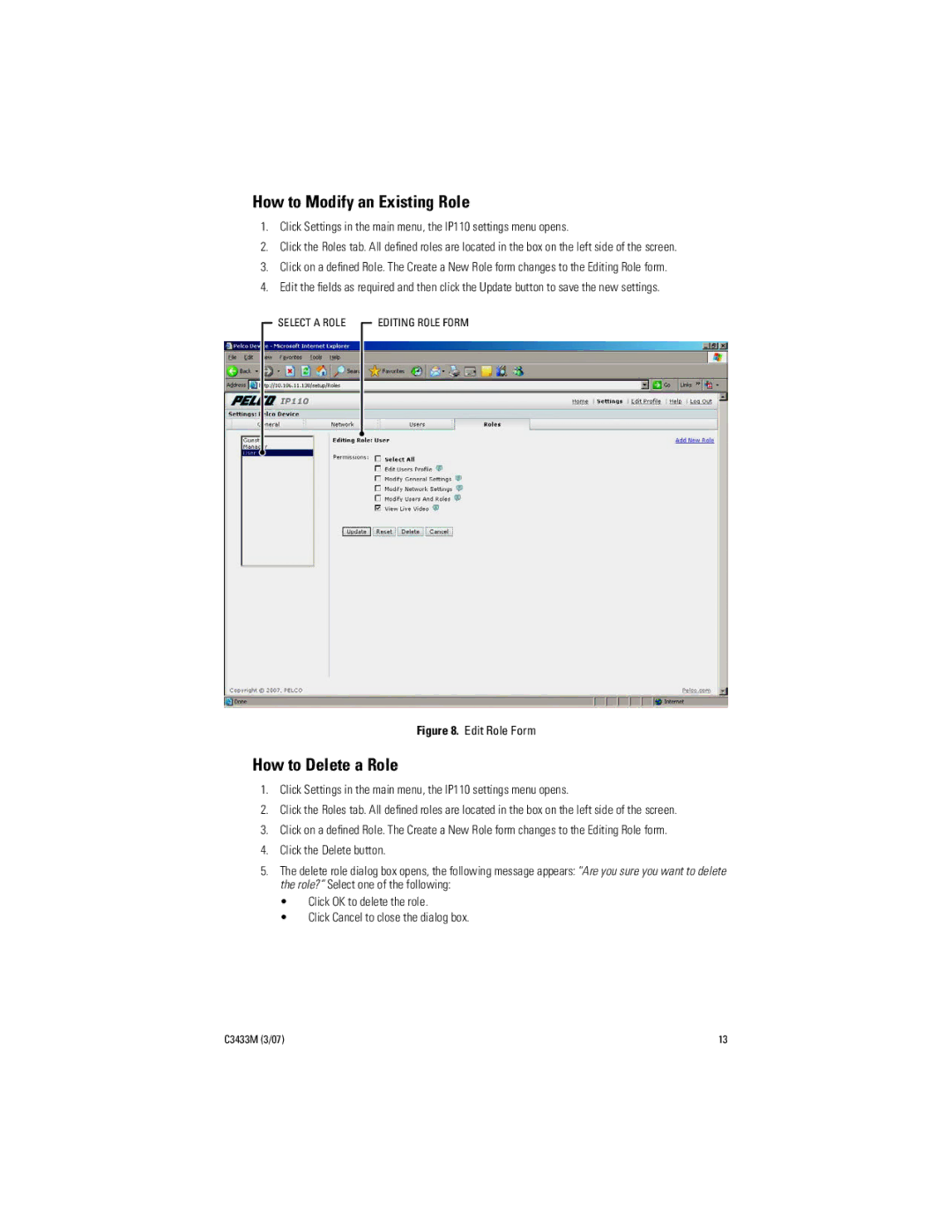 Pelco C3433M (3/07) manual How to Modify an Existing Role, How to Delete a Role 
