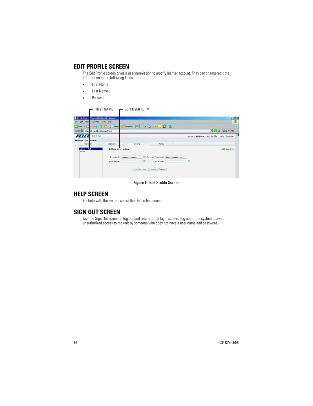 Pelco C3433M (3/07) manual Edit Profile Screen, Help Screen, Sign OUT Screen 