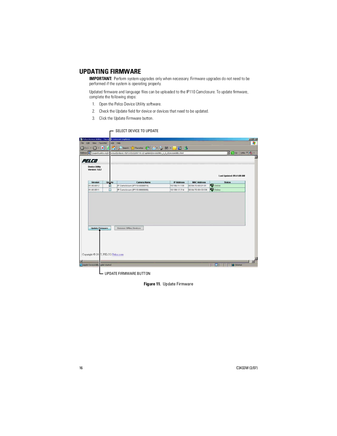 Pelco C3433M (3/07) manual Updating Firmware, Update Firmware 
