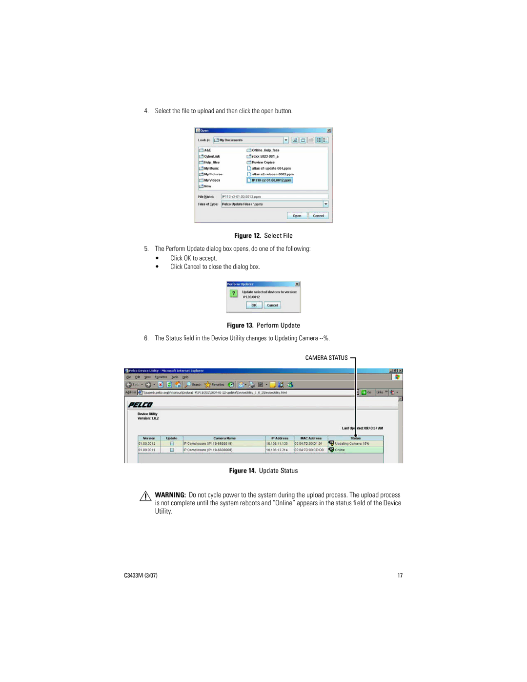 Pelco C3433M (3/07) manual Select the ﬁle to upload and then click the open button, Update Status 