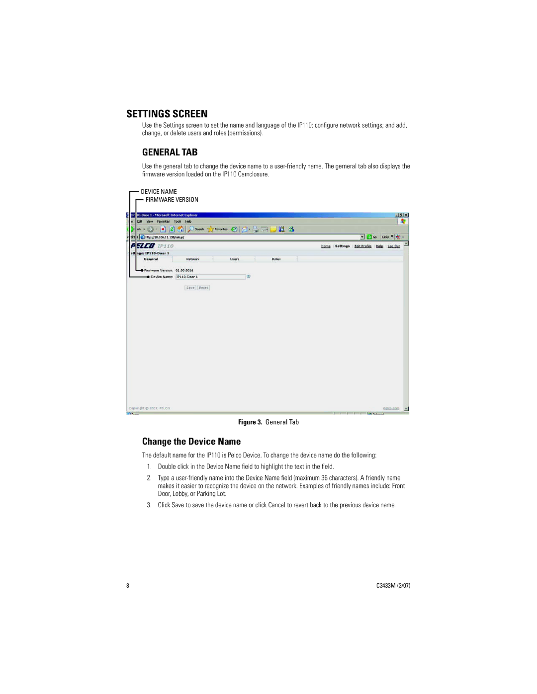 Pelco C3433M (3/07) manual Settings Screen, General TAB, Change the Device Name 