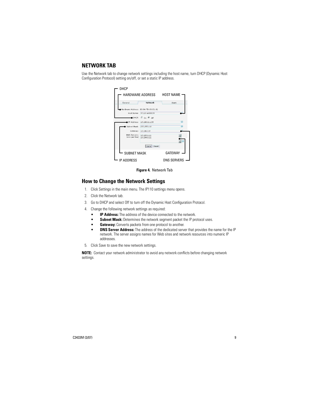 Pelco C3433M (3/07) manual Network TAB, How to Change the Network Settings 