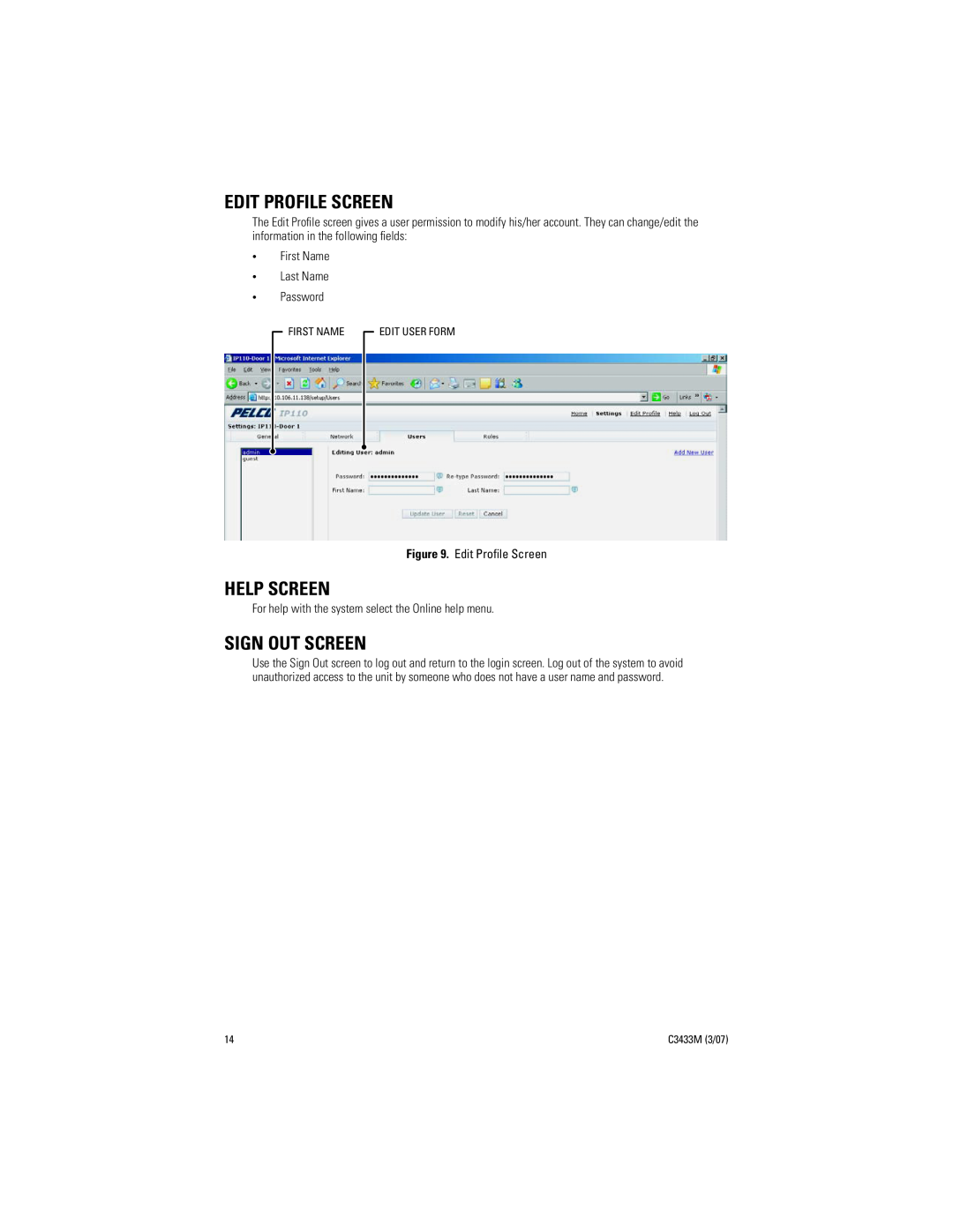 Pelco C3433M (3/07) manual Edit Profile Screen, Help Screen, Sign Out Screen 