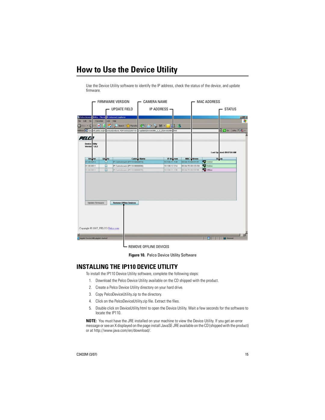 Pelco C3433M (3/07) manual How to Use the Device Utility, INSTALLING THE IP110 DEVICE UTILITY 