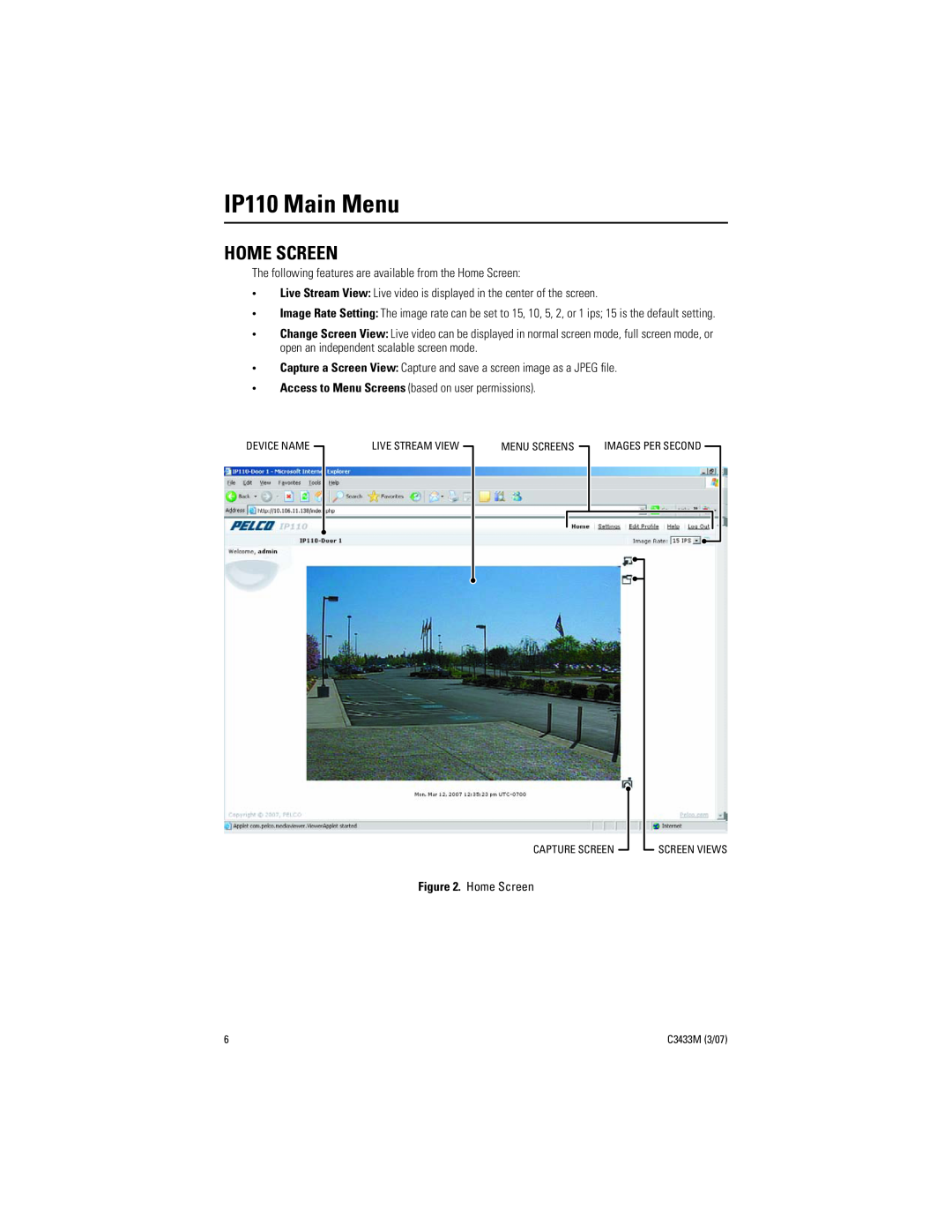 Pelco C3433M (3/07) manual IP110 Main Menu, Home Screen 