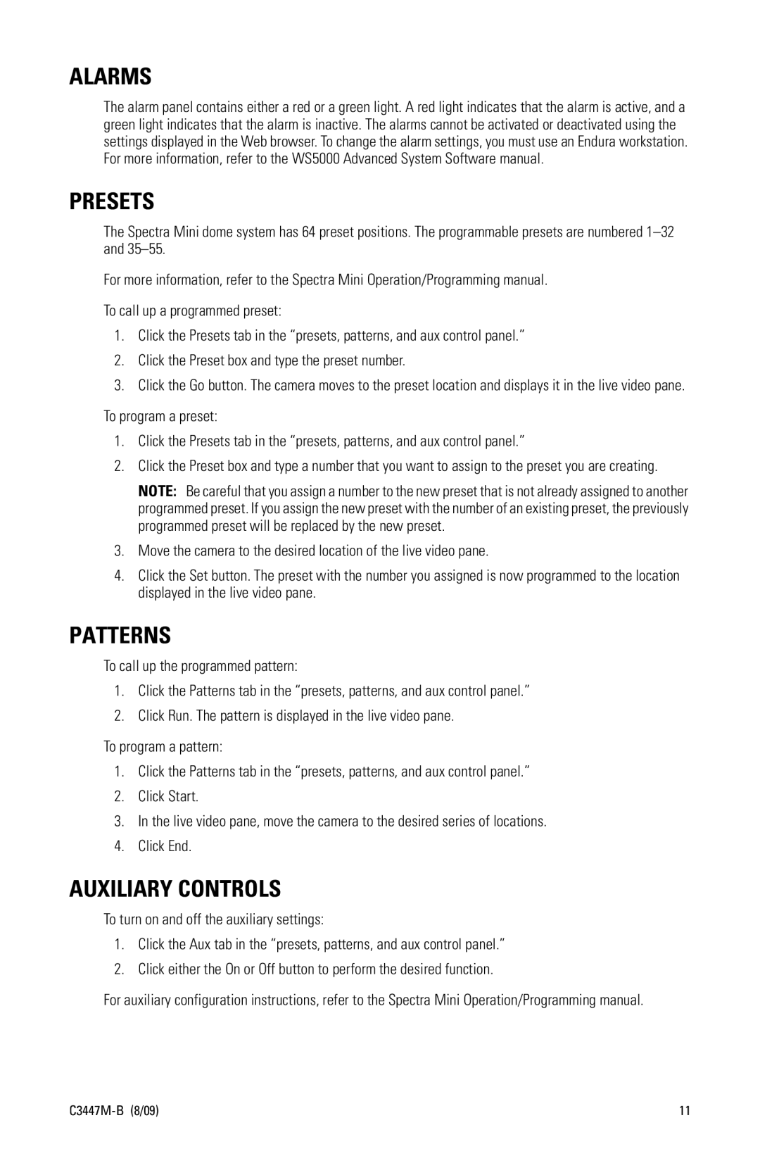 Pelco C3447M-B (8/09) manual Alarms, Presets, Patterns, Auxiliary Controls 
