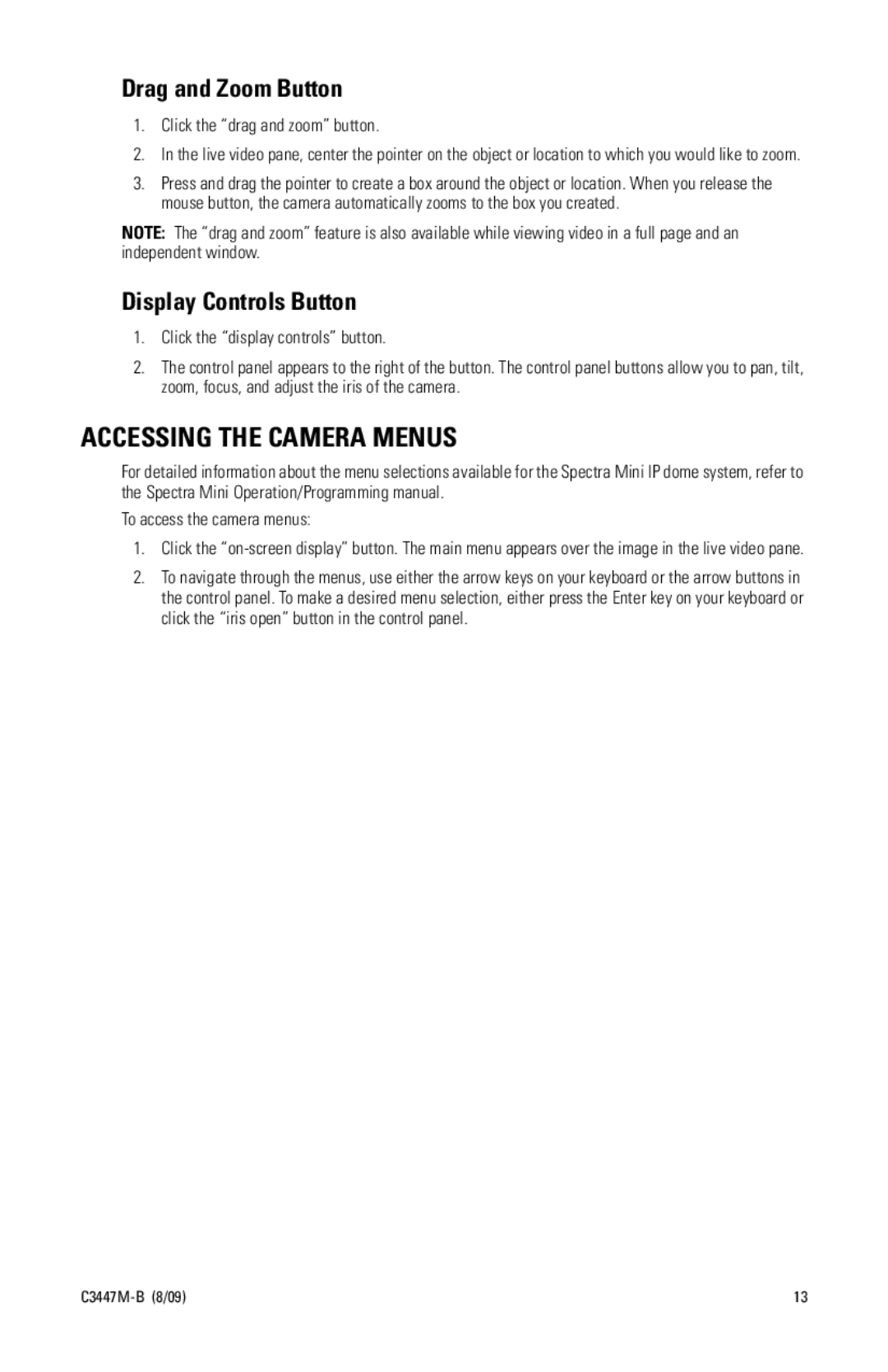 Pelco C3447M-B (8/09) manual Accessing the Camera Menus, Click the drag and zoom button 