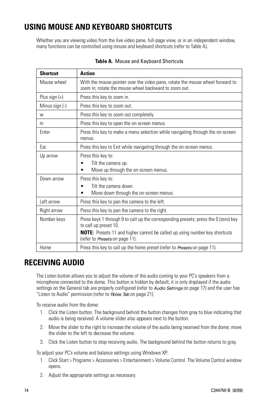 Pelco C3447M-B (8/09) manual Using Mouse and Keyboard Shortcuts, Receiving Audio 