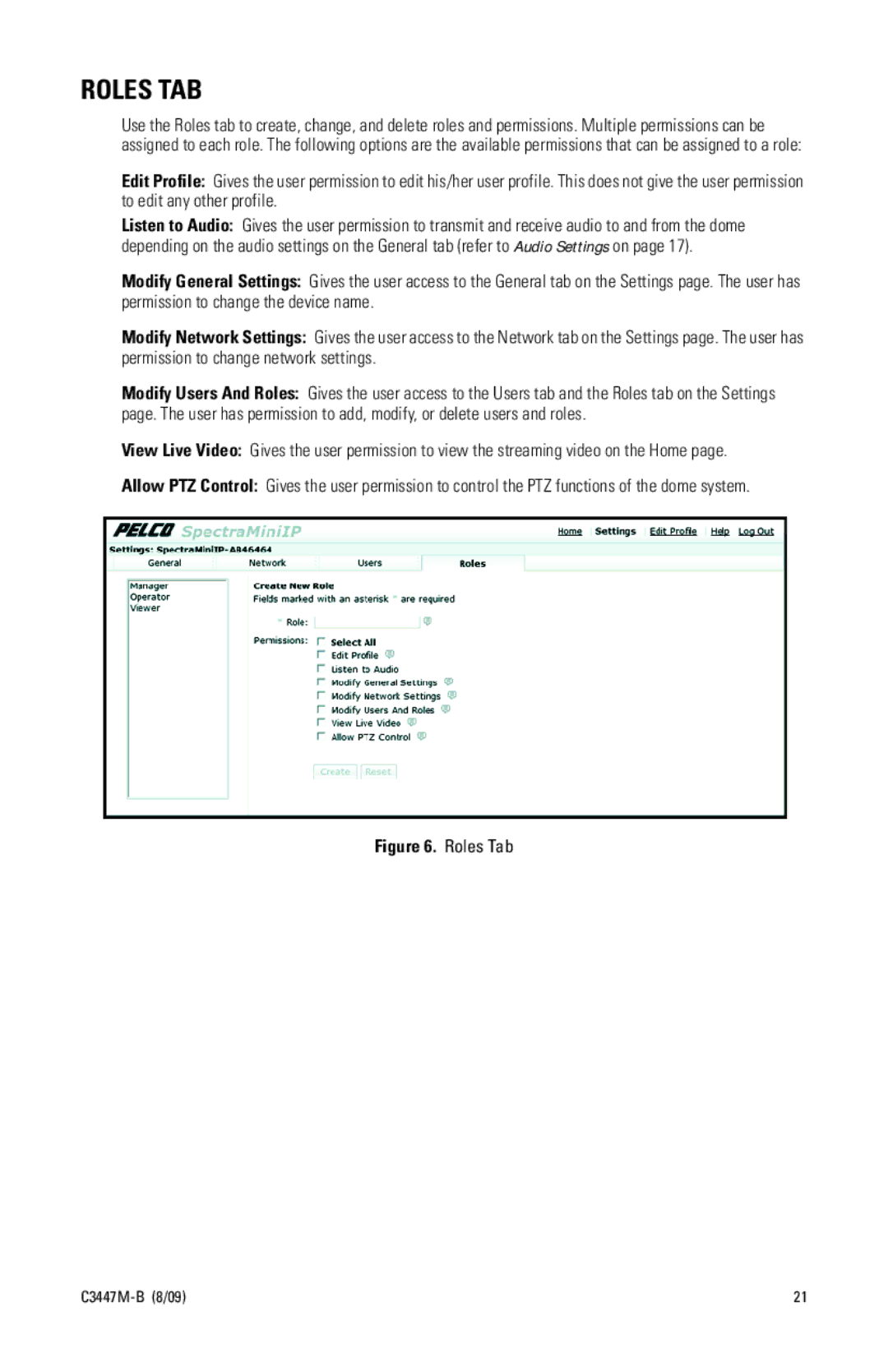 Pelco C3447M-B (8/09) manual Roles TAB, Roles Tab 