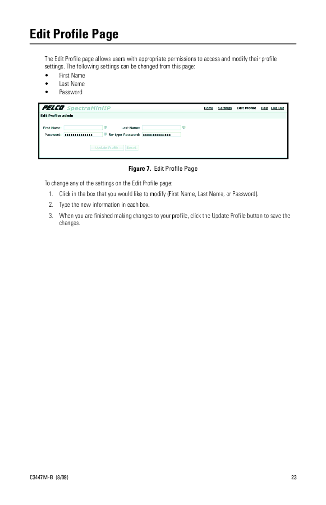 Pelco C3447M-B (8/09) manual Edit Profile, First Name Last Name Password 