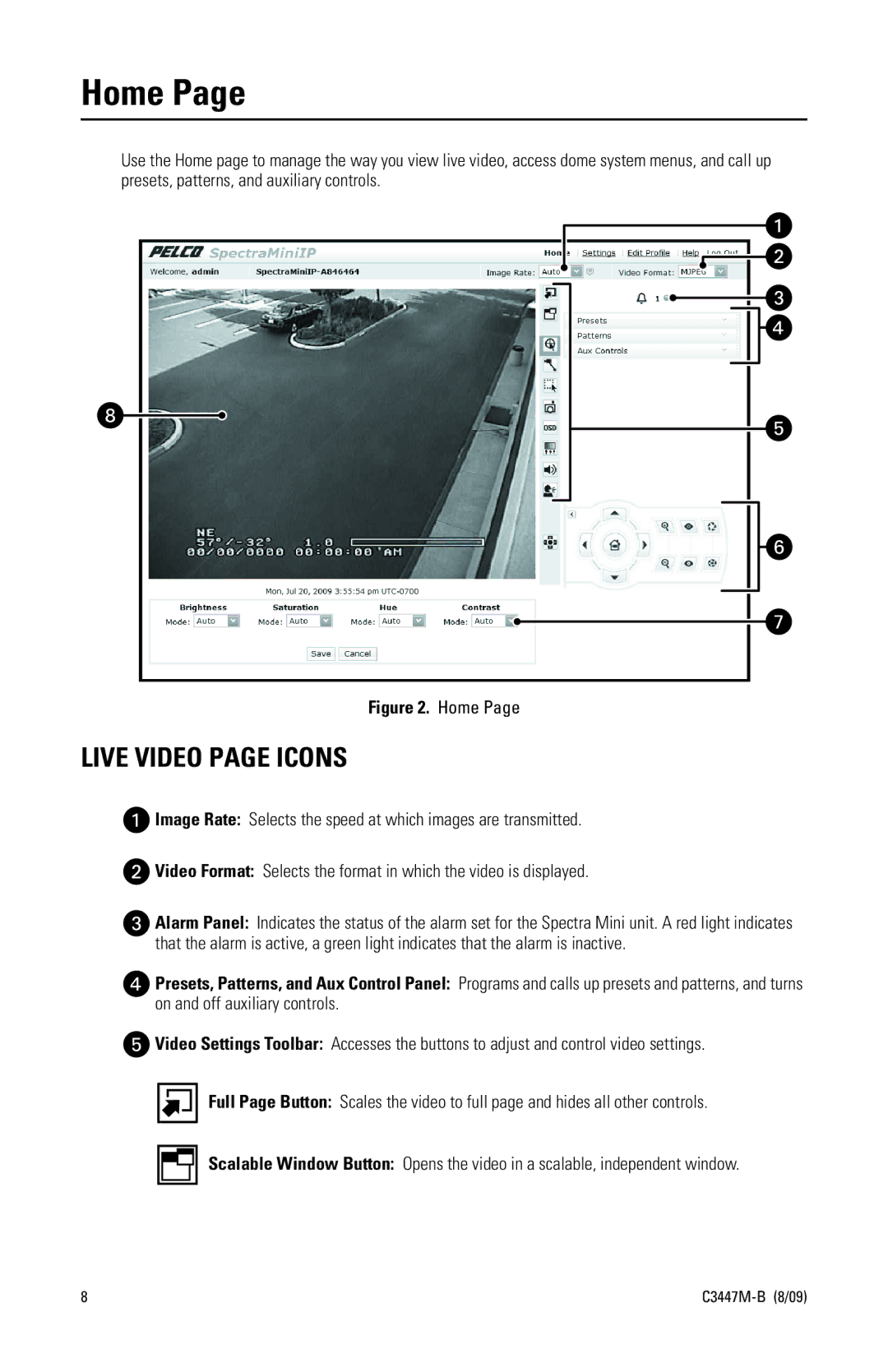 Pelco C3447M-B (8/09) manual Home, Live Video page Icons 