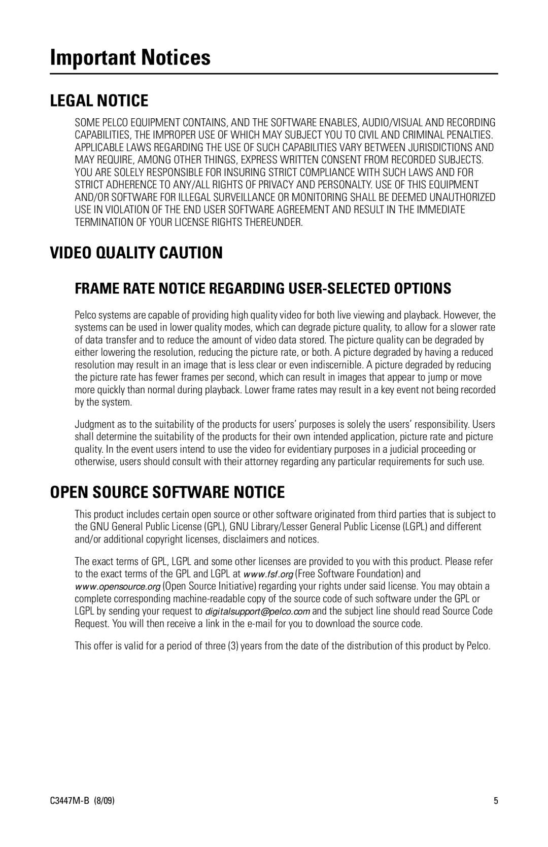 Pelco C3447M-B (8/09) manual Important Notices, Legal Notice, Video Quality Caution, Open Source Software Notice 