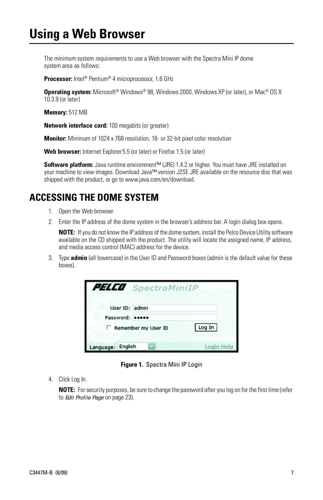 Pelco C3447M-B (8/09) manual Using a Web Browser, Accessing The Dome System, Memory 512 MB 