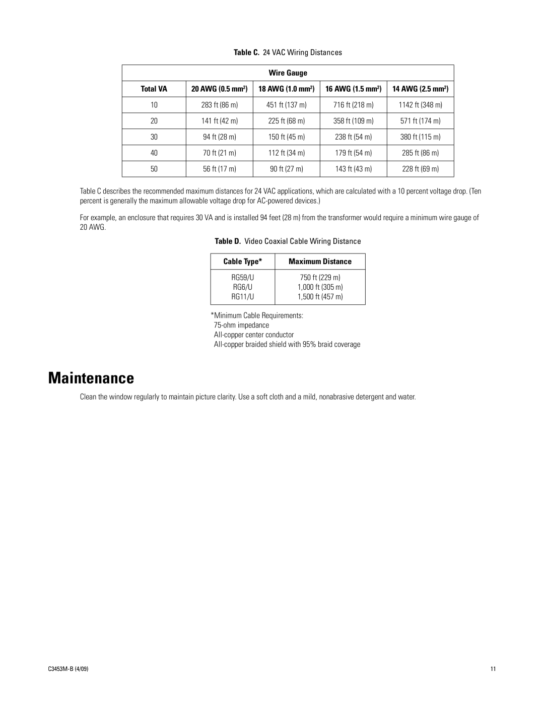 Pelco C3453M-B manual Maintenance, Table C VAC Wiring Distances, Wire Gauge Total VA, Cable Type Maximum Distance 