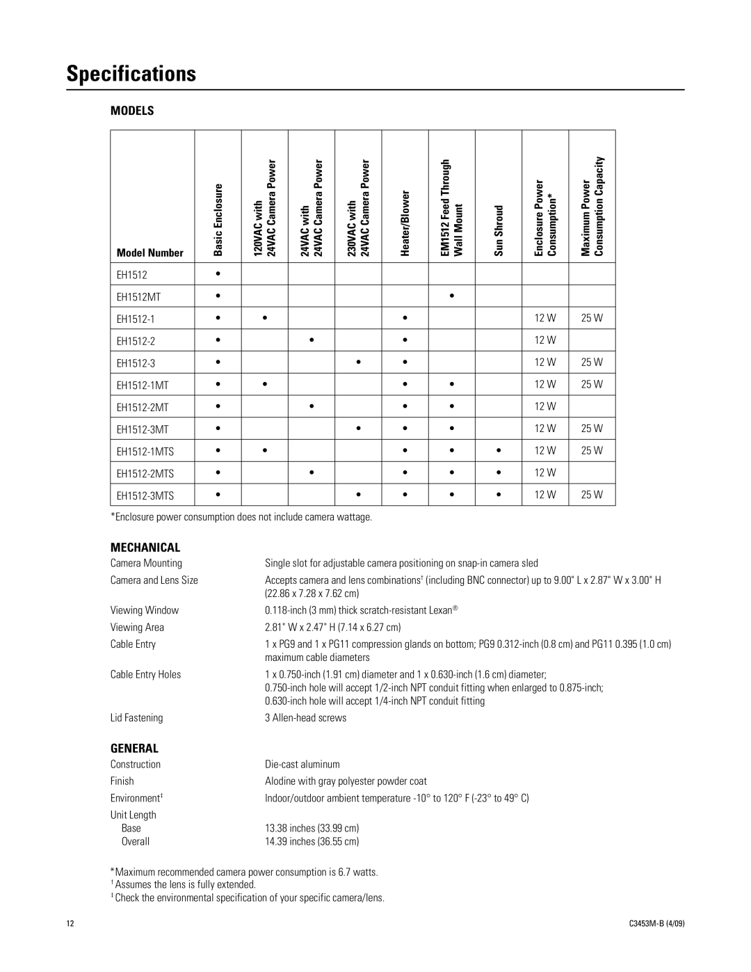 Pelco C3453M-B manual Specifications, Models, Mechanical, General 