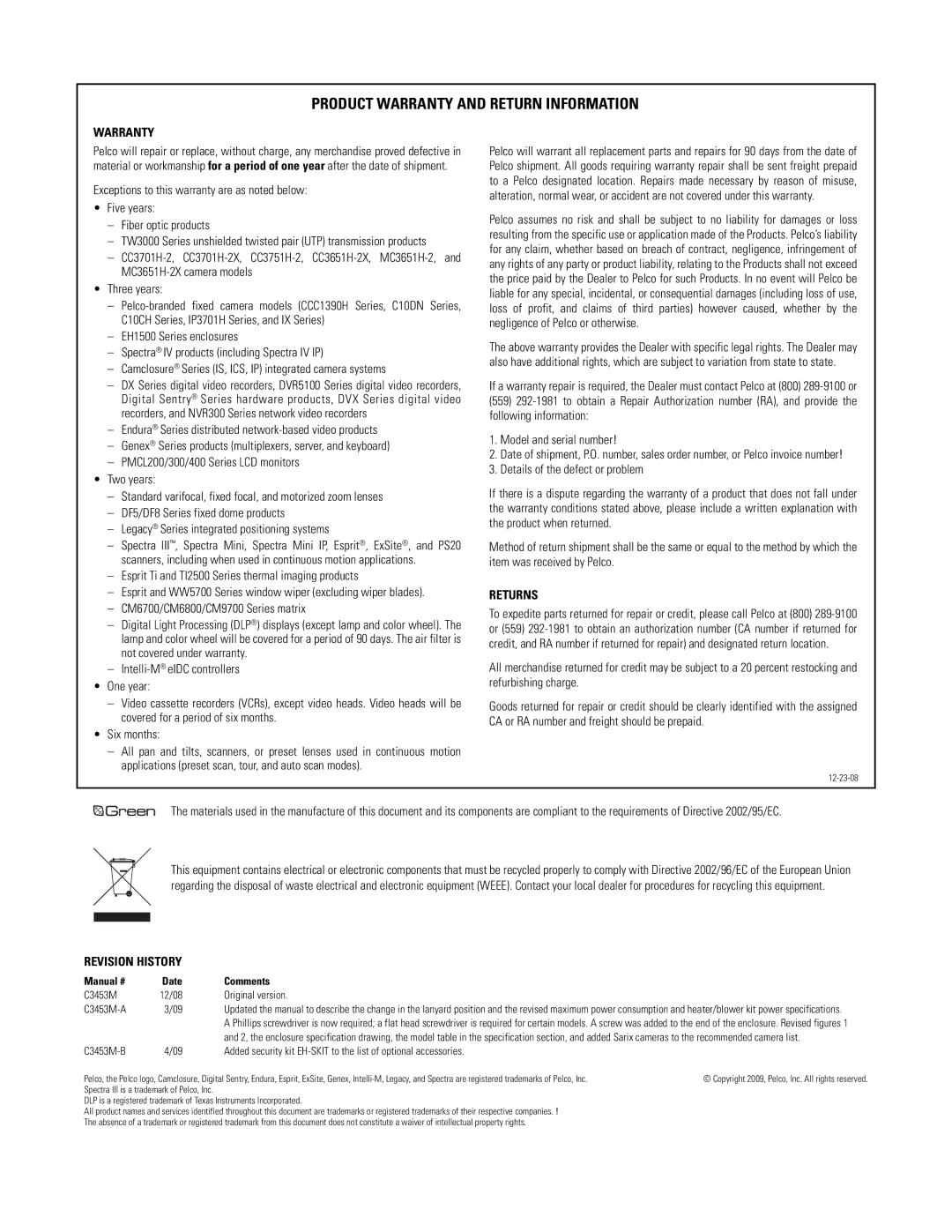 Pelco C3453M-B manual Product Warranty and Return Information 