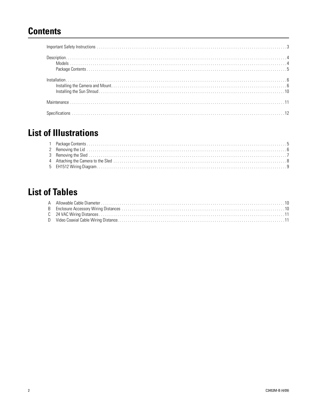 Pelco C3453M-B manual Contents, List of Illustrations, List of Tables 