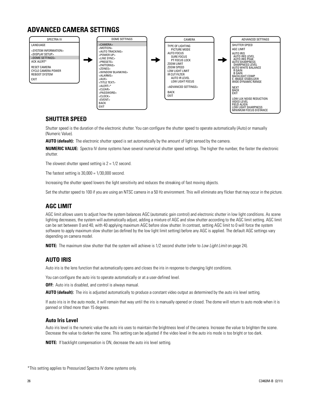 Pelco C3463M-B manual Advanced Camera Settings, Shutter Speed, AGC Limit, Auto Iris Level 